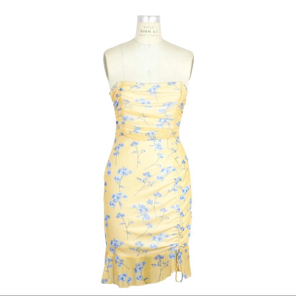 Prettylittlething Yellow Floral Mesh Strapless bodycon floral dress (size 10)